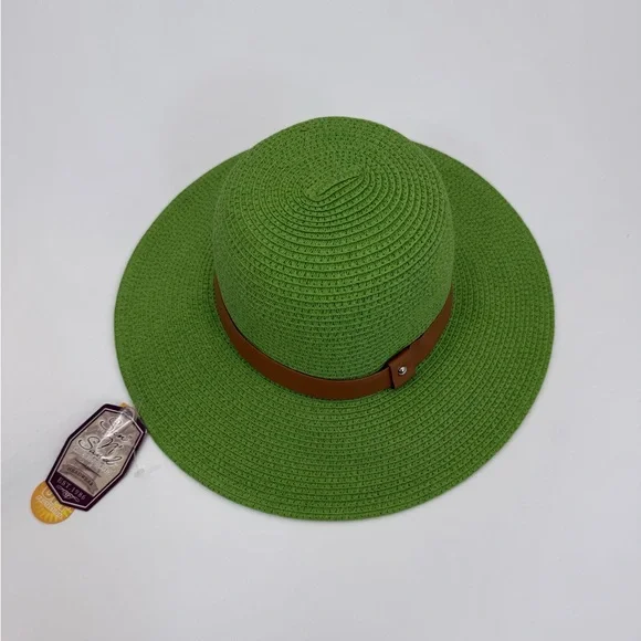 Sun N’ Sand Green Straw Sun Brown Accent Band Stylish Summer Beach & Travel Hat - Picture 3 of 14